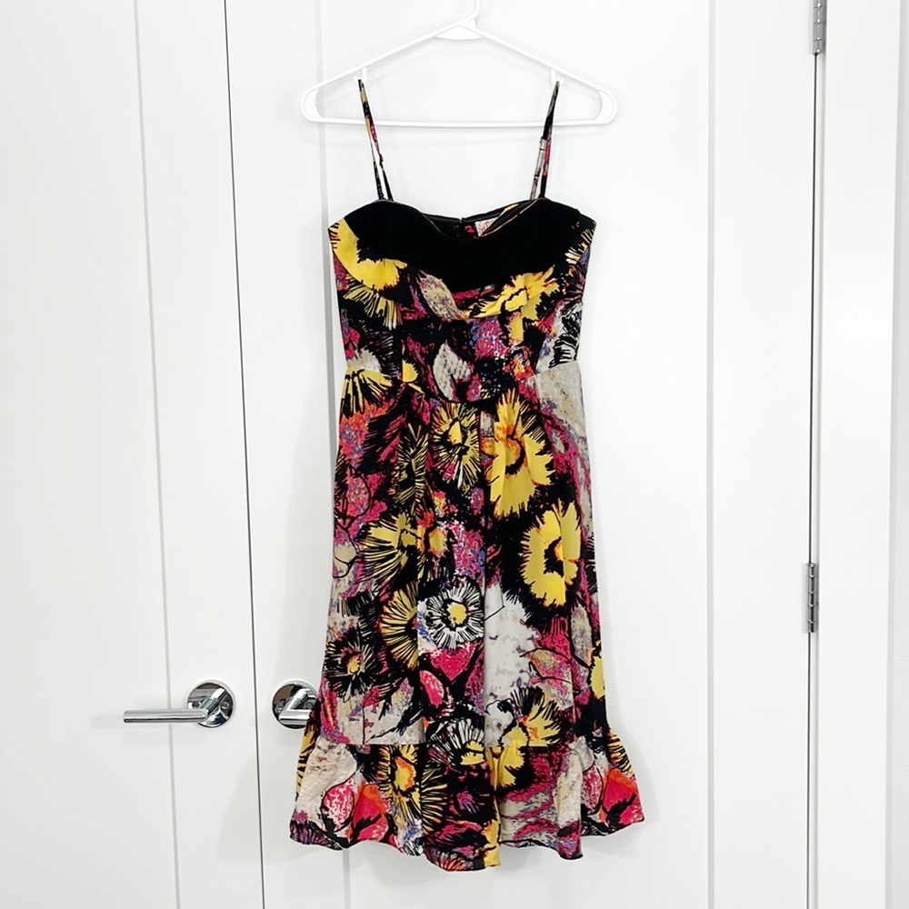 Plenty by Tracy Reese Anthro Silk Size 4 Black, Pink, Floral Strapless Dress